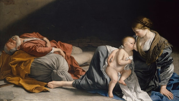 Orazio Lomi Gentileschi malte um 1625 diese Rast-Szene der Heiligen Familie auf der Flucht nach ...