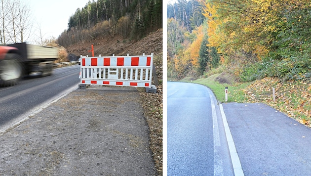 Der Abschnitt im Oktober des Vorjahres (re.) und beim jüngsten Lokalaugenschein (li.)