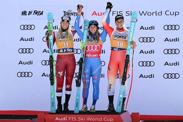 Cornelia Hütter, Laura Pirovano, and Corinne Suter (from left to right)