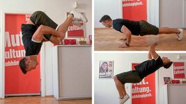Auch beim Besuch der „Krone“-Redaktion zeigte Sebastian Enk einige Burpee-Backflips. 