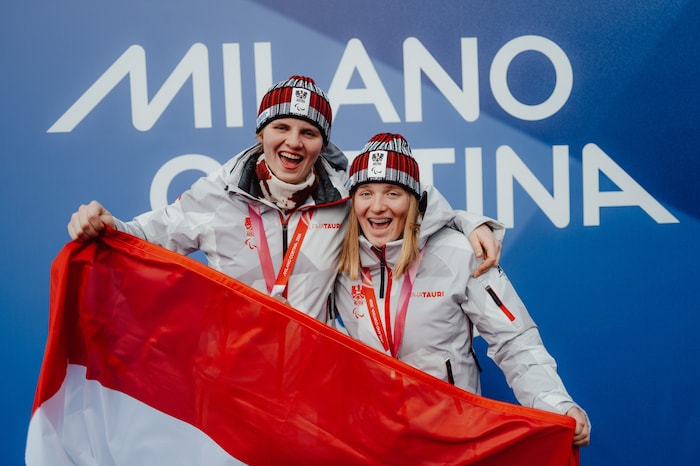 Veronika Aigner und Guide Lilly Sammer gewannen im Super-G Silber. Auf Siegerin Chiara Mazzel ...