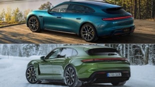 Kaum zu unterscheiden, bis zu den Felgen: unten der Porsche Taycan, oben die billige Kopie