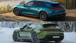 Kaum zu unterscheiden, bis zu den Felgen: unten der Porsche Taycan, oben die billige Kopie