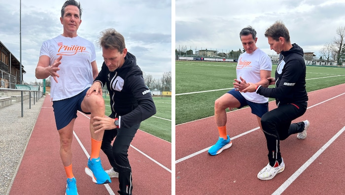 Philipp Jelinek und Trainer Mario Mostböck zeigen Übungen für einen besseren Laufstil: Kniehub ...