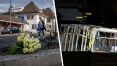 Dort, wo der Bus brannte, wurden Blumen niedergelegt. Von dem Bus blieb nur eine verkohlte Hülle ...