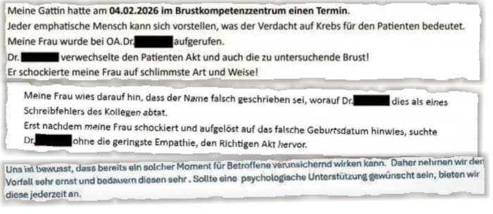 Zwei Text-ausschnitte aus dem E-Mail des Ehegatten der Mühlviertlerin an die Beschwerdestelle ...
