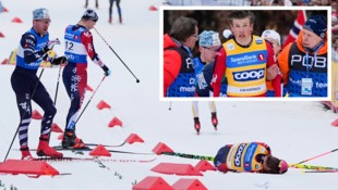 Langlauf-Topstar Johannes Hösflot Kläbo stürtze und  schleppte sich gezeichnet ins Ziel.