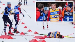 Langlauf-Topstar Johannes Hösflot Kläbo stürtze und  schleppte sich gezeichnet ins Ziel.