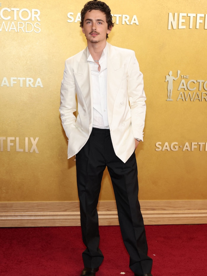 Elegant im weißen doppelreihigen Sakko von Prada glänzte Timothée Chalamet bei den 32. Actor ...