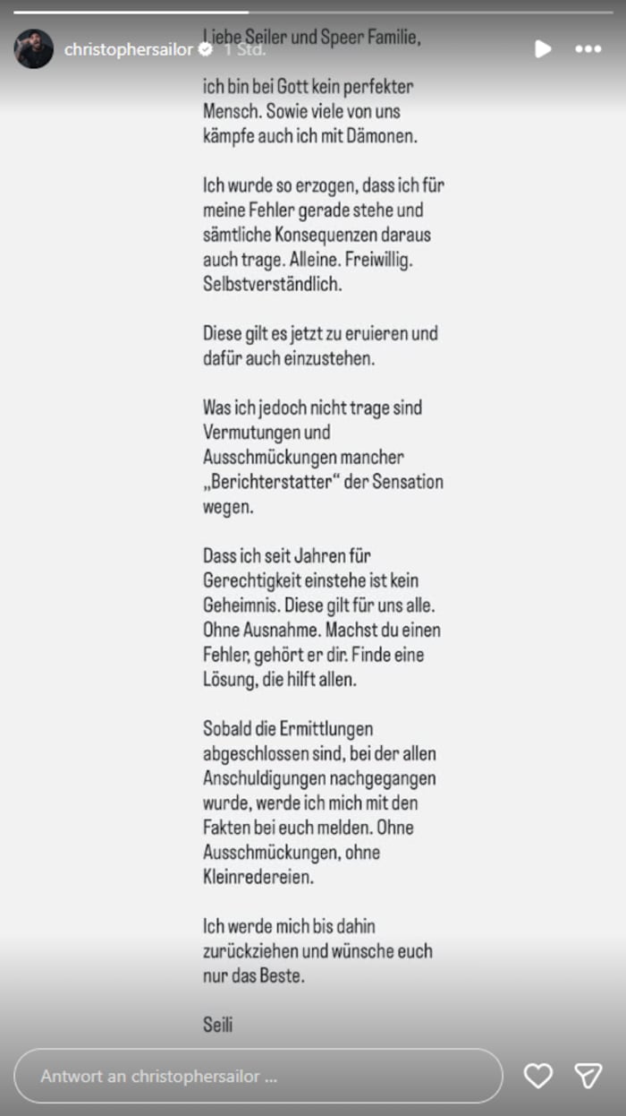 „Ich bin kein perfekter Mensch“, schreibt Seiler auf Instagram.