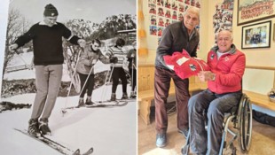 Lex als junger Skilehrer im Jahr 1966 (links) und bei der Rückgabe seines roten Anoraks an ...