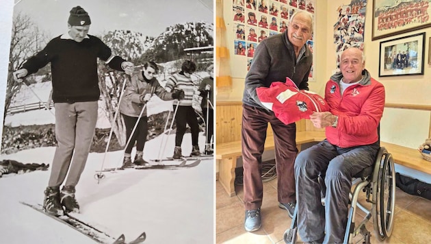 Lex als junger Skilehrer im Jahr 1966 (links) und bei der Rückgabe seines roten Anoraks an ...