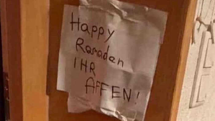 A note was taped to the door reading: “Happy Ramadan, you monkeys!”
