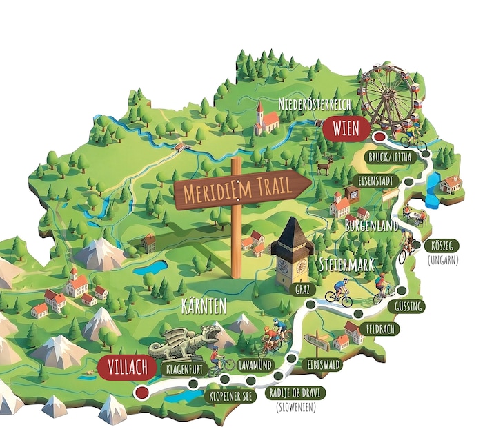 Die Überblicksgrafik zeigt den neuen Fernradweg, der durch Österreich, Ungarn und Slowenien ...