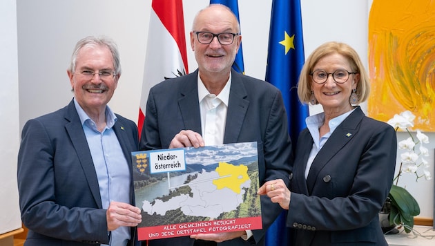 Karl Wilfing (li.) und Johanna Mikl-Leitner mit dem Weltenbummler Gerald Stutz.