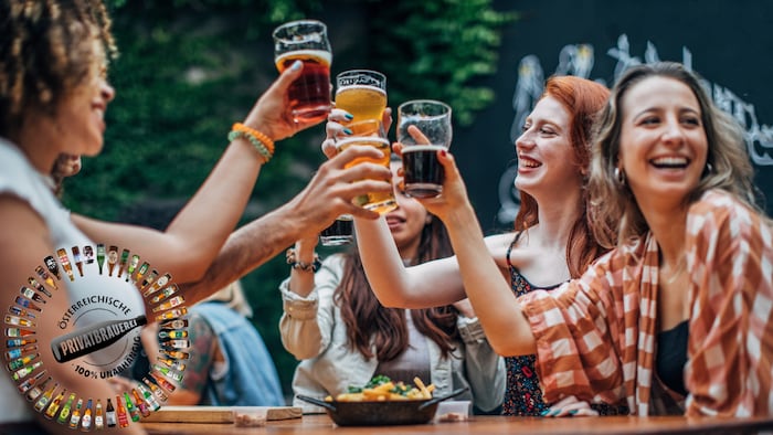 Das Logo der Österreichischen Privatbrauerein versichert Ihnen, dass Ihr Bier zu 100 % aus ...