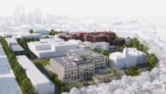 So soll das Zentrum aussehen: Noch befindet sich am Standort eine große Baugrube. Bis 2029 wird ...