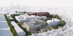 So soll das Zentrum aussehen: Noch befindet sich am Standort eine große Baugrube. Bis 2029 wird ...