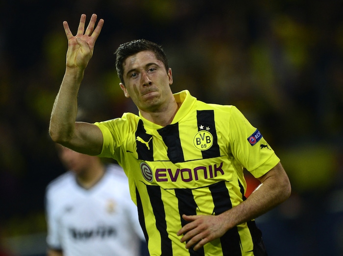 24. April 2013: Robert Lewandowski hat soeben sein viertes Tor gegen Real Madrid erzielt. In ...