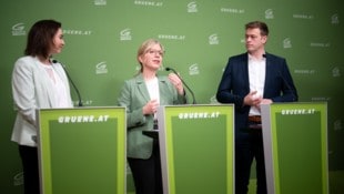 Gemeinsam mit Alma Zadic und Stefan Kaineder blickte Grünen-Chefin Leonore Gewessler (mitte) an ...