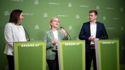 Gemeinsam mit Alma Zadic und Stefan Kaineder blickte Grünen-Chefin Leonore Gewessler (mitte) an ...