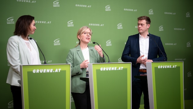 Gemeinsam mit Alma Zadic und Stefan Kaineder blickte Grünen-Chefin Leonore Gewessler (mitte) an ...