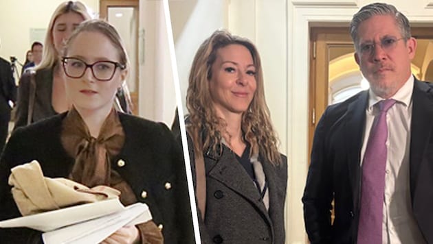 Widow Simone Lugner (left, with attorney Höllwarth) was questioned at the Palace of Justice, as ...