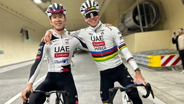 Kärntens Rad-Talent Heimo Fugger und Superstar Tadej Pogacar im Karawankentunnel.