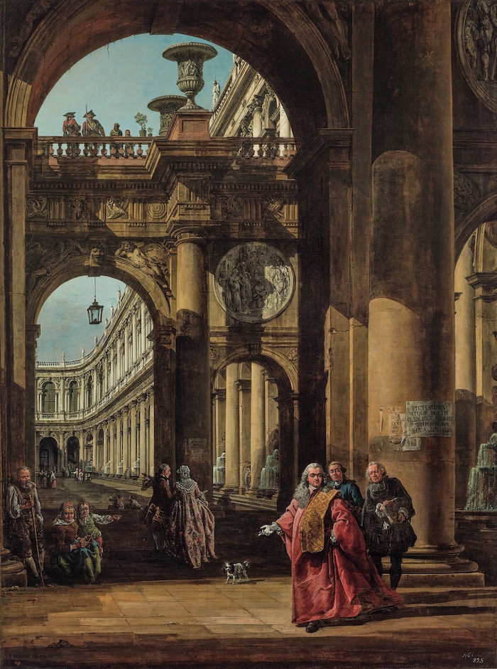 Bernardo Bellotto: Architekturfantasie mit Selbstbildnis in den Roben eines venezianischen ...