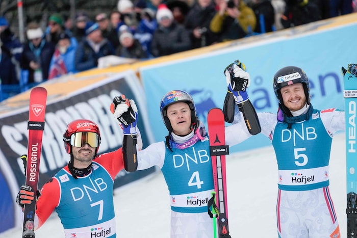 Loic Meillard, Lucas Pinheiro Braathen, and Atle Lie McGrath (from left to right)