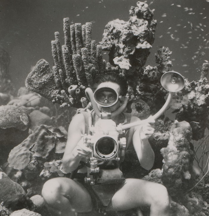 Hans Hass mit einer 6x6 Rolleimarin-Kamera mit externem Blitz Karibik im Jahr 1955