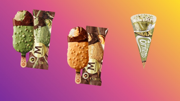 Die neuen Magnum‑Sorten La Pistache und La Pêche sowie das Cornetto MAX Pistachio verbinden ...