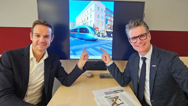Franz Ahm und Markus Polka von der Wirtschaftskammer träumen von der Straßenbahn mit ...