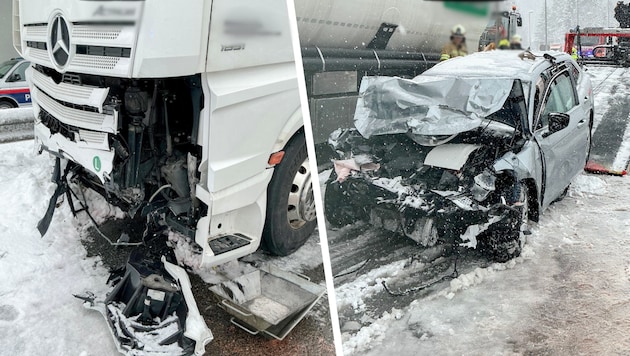 Am Auto entstand Totalschaden. Auch der Lkw wurde schwer beschädigt.