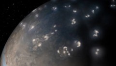 Auf dem massereichen Jupiter toben gewaltige Stürme, die gewaltige Blitze (die hellen Flecken im ...