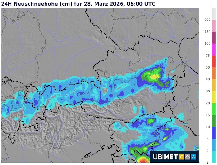 Die von der UWZ prognostizierte Schneeprognose für die kommenden 24 Stunden