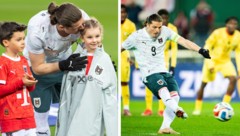Marcel Sabitzer zuerst mit Tochter, dann beim Elfmeter.