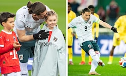Marcel Sabitzer zuerst mit Tochter, dann beim Elfmeter.