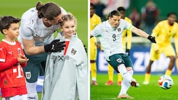 Marcel Sabitzer zuerst mit Tochter, dann beim Elfmeter.