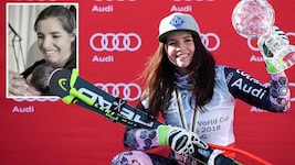 Tina Weirather, im großen Bild mit der Kristallkugel für den Super-G-Weltcup 2018, links im ...