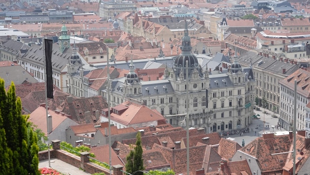 Das Rathaus vom Schloßberg aus