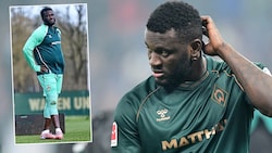 Werder-Stürmer Victor Boniface beim Training mit deutlichem Übergewicht.