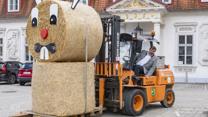 Voller Bürgermeister-Einsatz beim Transport riesiger (Hasen-)Heuballen.
