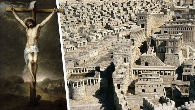 Links: Gemälde von der Kreuzigung Christi von Bartolomé Estebán Murillo, ca. 1675. Rechs: Modell ...