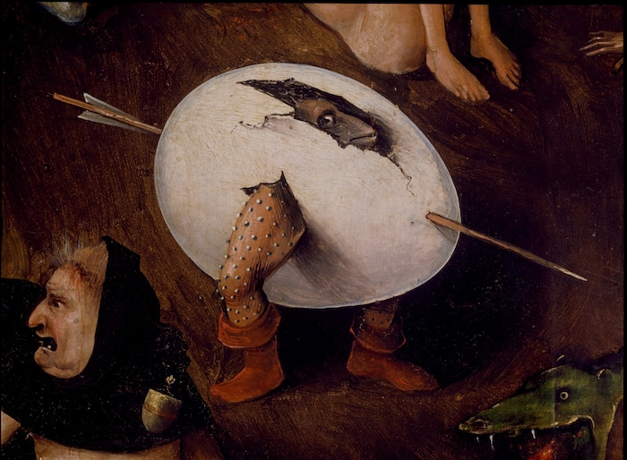 Ein albtraumhaftes Ei mit Kopffüßler tummelt sich im „Weltgerichtstriptychon“ von Hieronymus ...