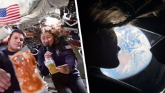 Links: Jeremy Hansen und Christina Koch zeigen das Essen her, das sie im Weltraum zu sich ...