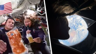 Links: Jeremy Hansen und Christina Koch zeigen das Essen her, das sie im Weltraum zu sich ...