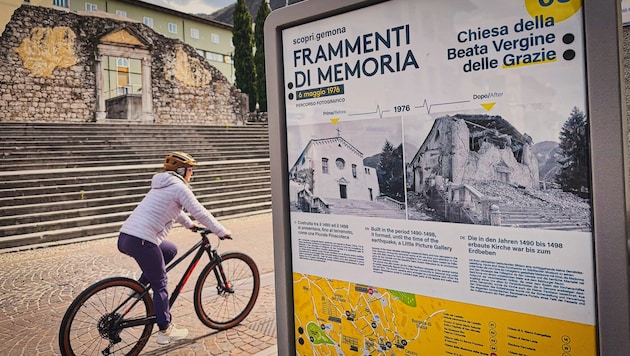 In Gemona radelt man bei der Ruine der alten Kirche vorbei, die beim Erdbeben 1976 vollständig ...