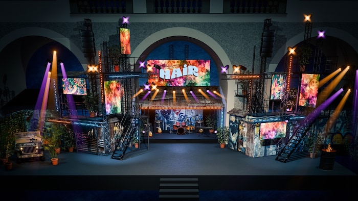 Rendering der Bühne im Schloss- graben: Blumen in den Farben des Regen- bogens – bunt, ...