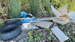 Autoreifen und zerlegte Kästen einfach in den Wald geschmissen.